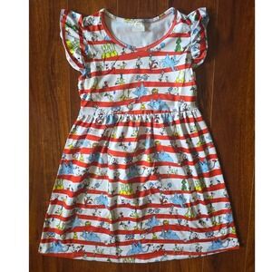 Dr Seuss Character Print Flutter Sleeve Dress Red White Striped Kids 7-8T